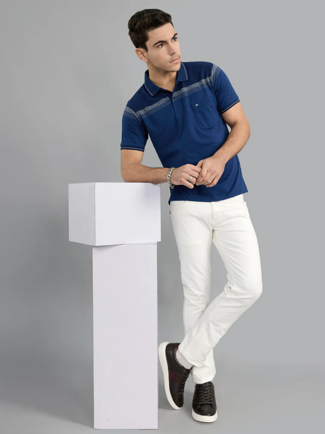 Men Navy Blue Stripe Collar Half Sleeve T-Shirt - Image 6