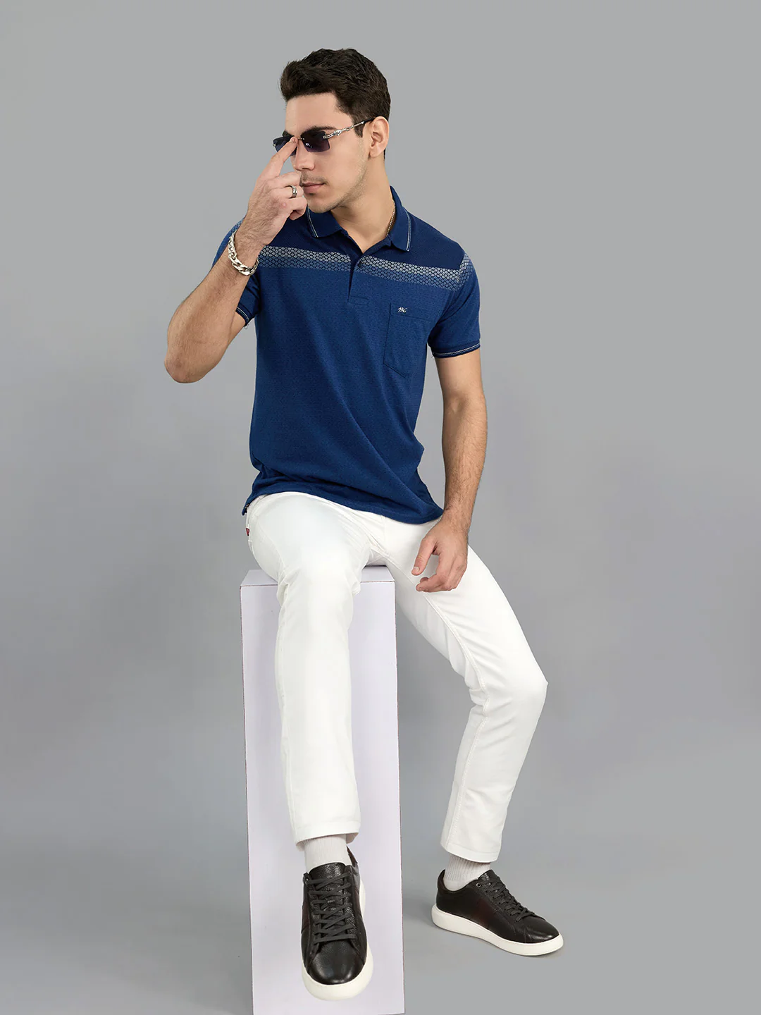 Men Navy Blue Stripe Collar Half Sleeve T-Shirt - Image 7