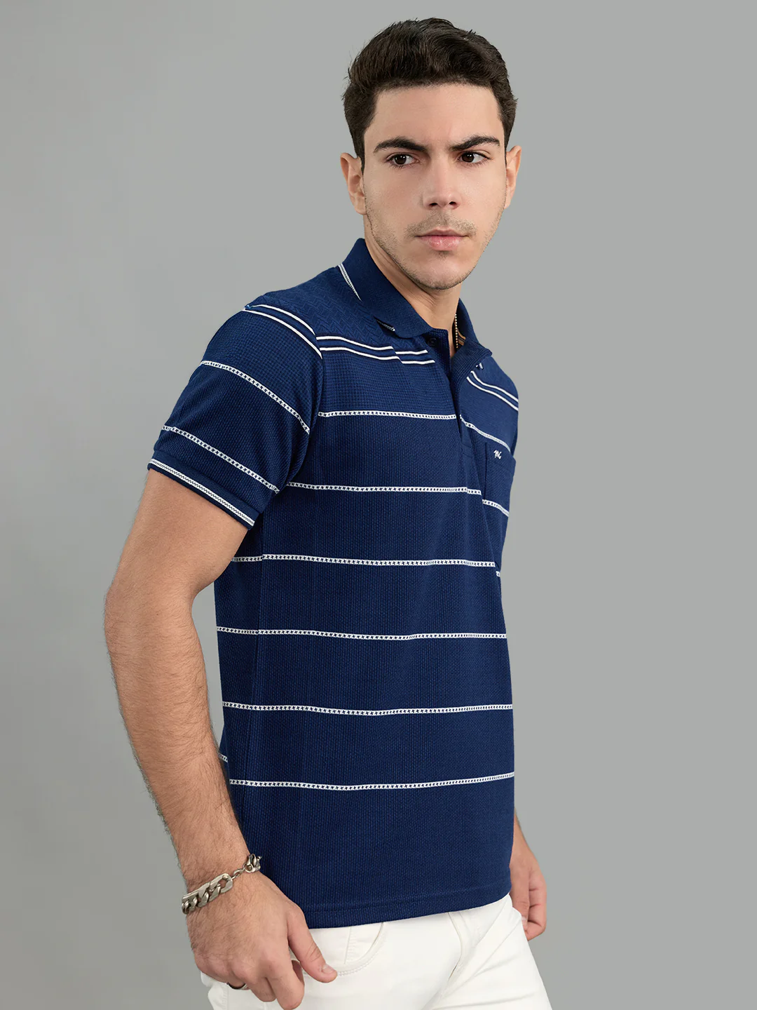 Men Navy Blue Stripe Collar Half Sleeve T-Shirt - Image 2