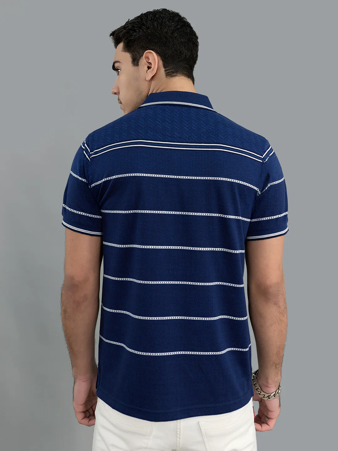 Men Navy Blue Stripe Collar Half Sleeve T-Shirt - Image 4