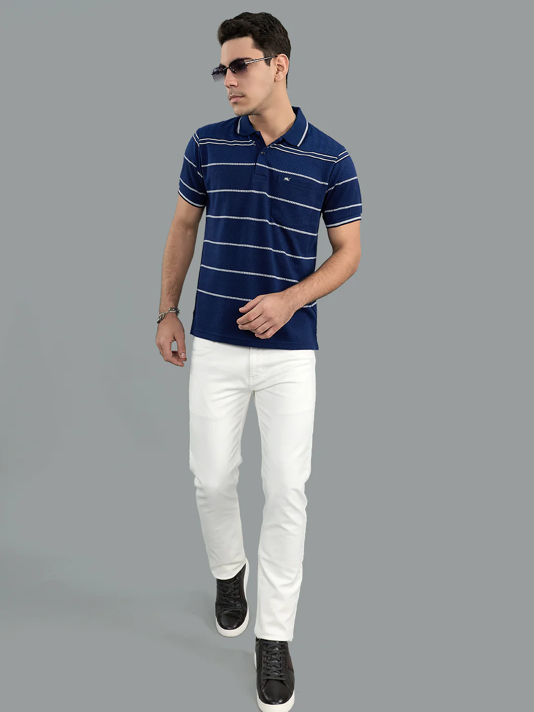 Men Navy Blue Stripe Collar Half Sleeve T-Shirt - Image 6