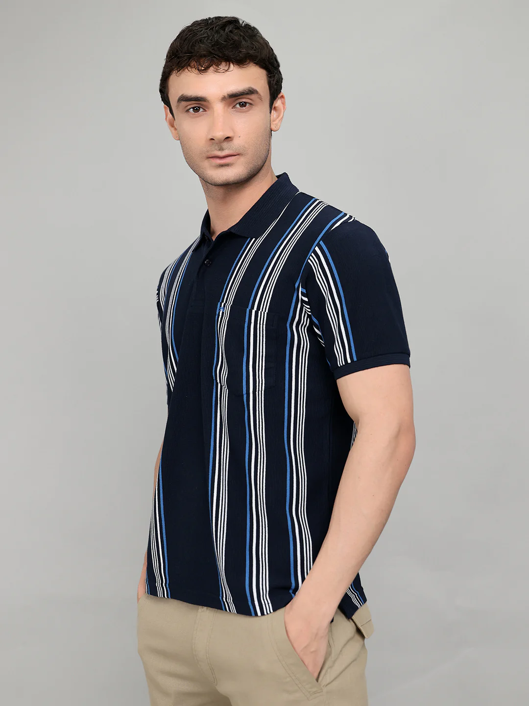 Men Navy Blue Stripe Collar Half Sleeve T-Shirt - Image 2
