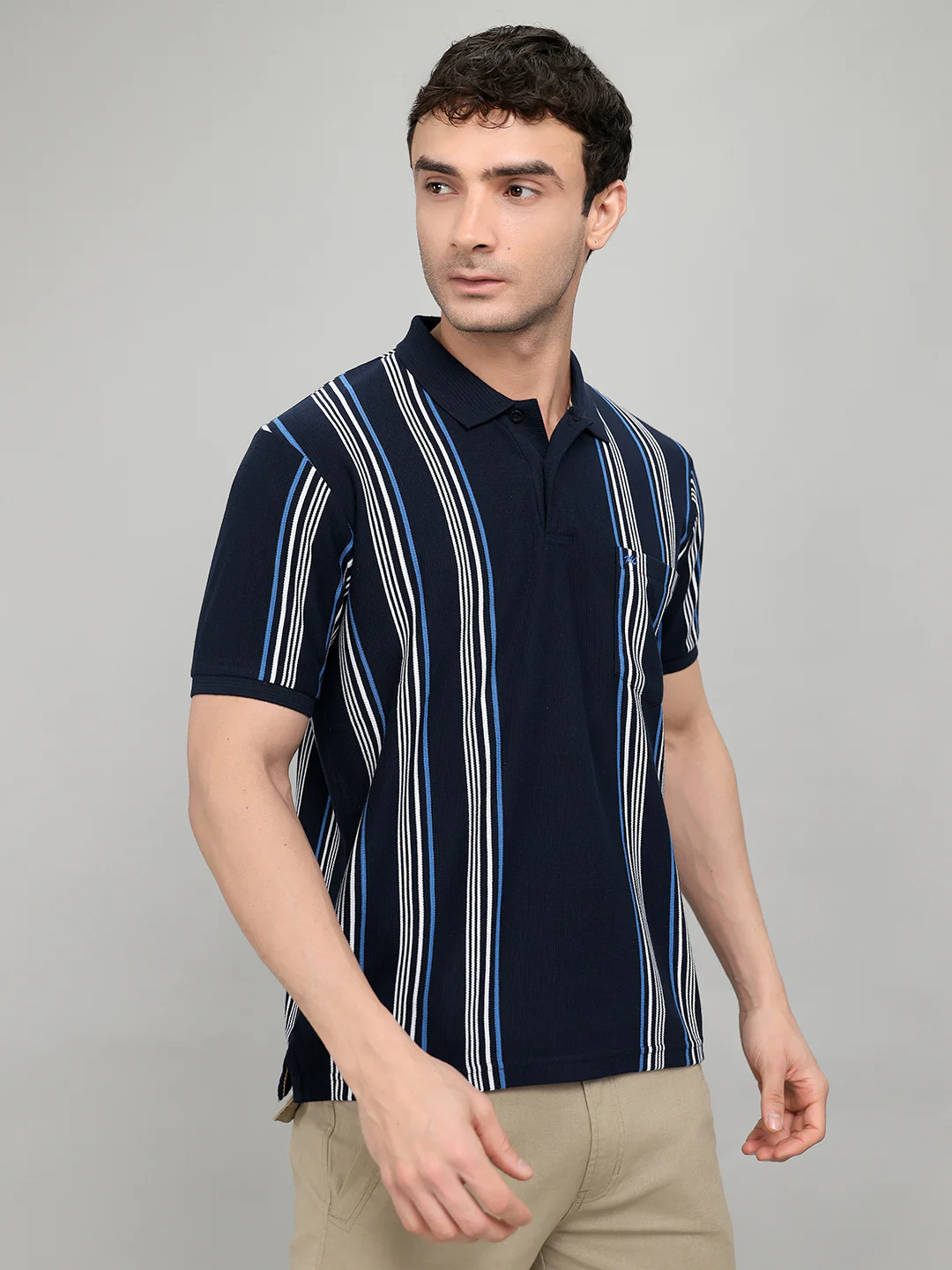 Men Navy Blue Stripe Collar Half Sleeve T-Shirt - Image 3
