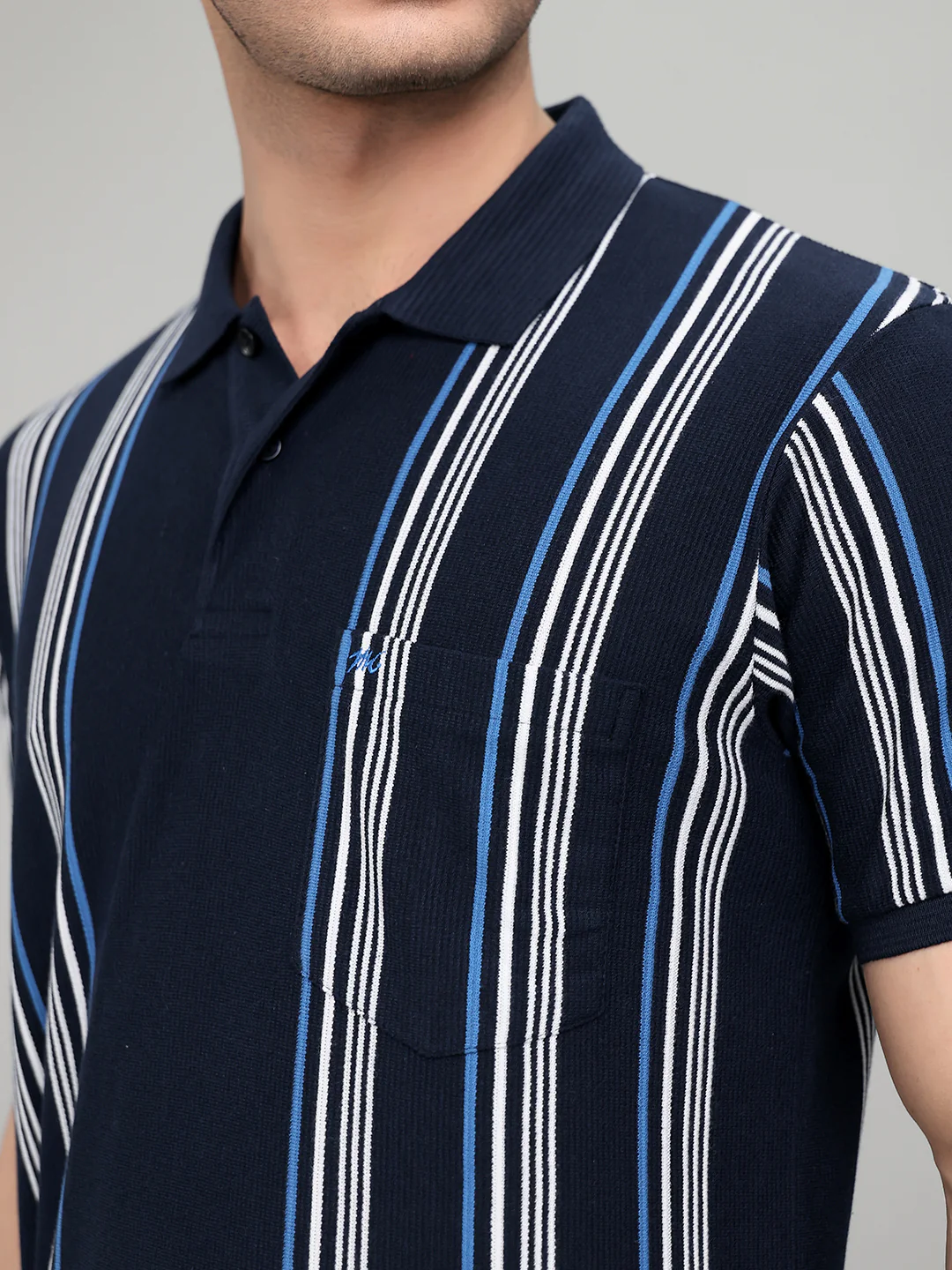 Men Navy Blue Stripe Collar Half Sleeve T-Shirt - Image 4