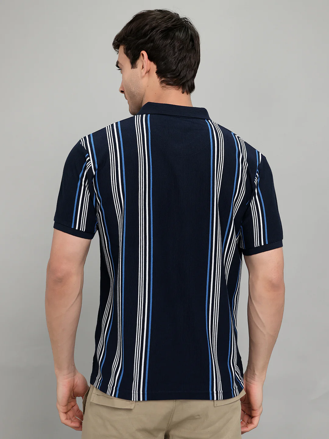 Men Navy Blue Stripe Collar Half Sleeve T-Shirt - Image 5