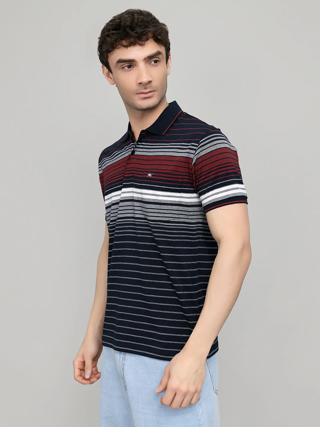 Men Navy Blue Stripe Collar Half Sleeve T-Shirt - Image 2