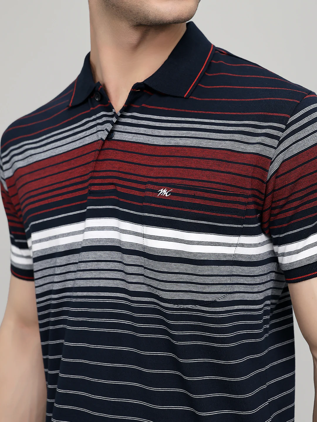 Men Navy Blue Stripe Collar Half Sleeve T-Shirt - Image 5