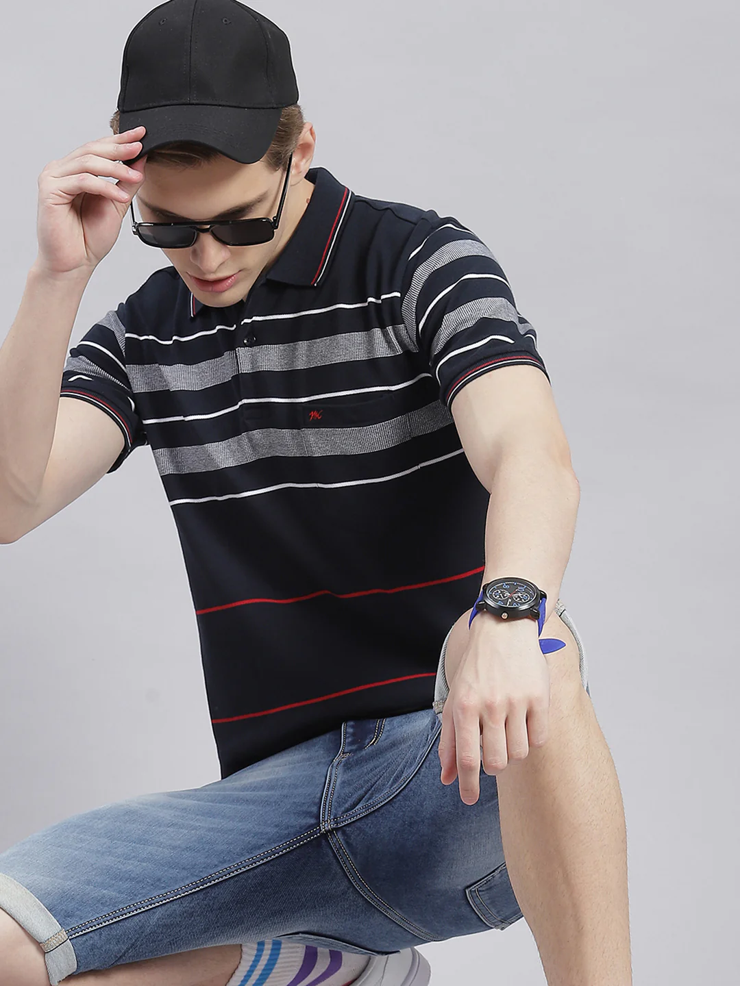 Men Navy Blue Stripe Collar Half Sleeve T-Shirts - Image 2