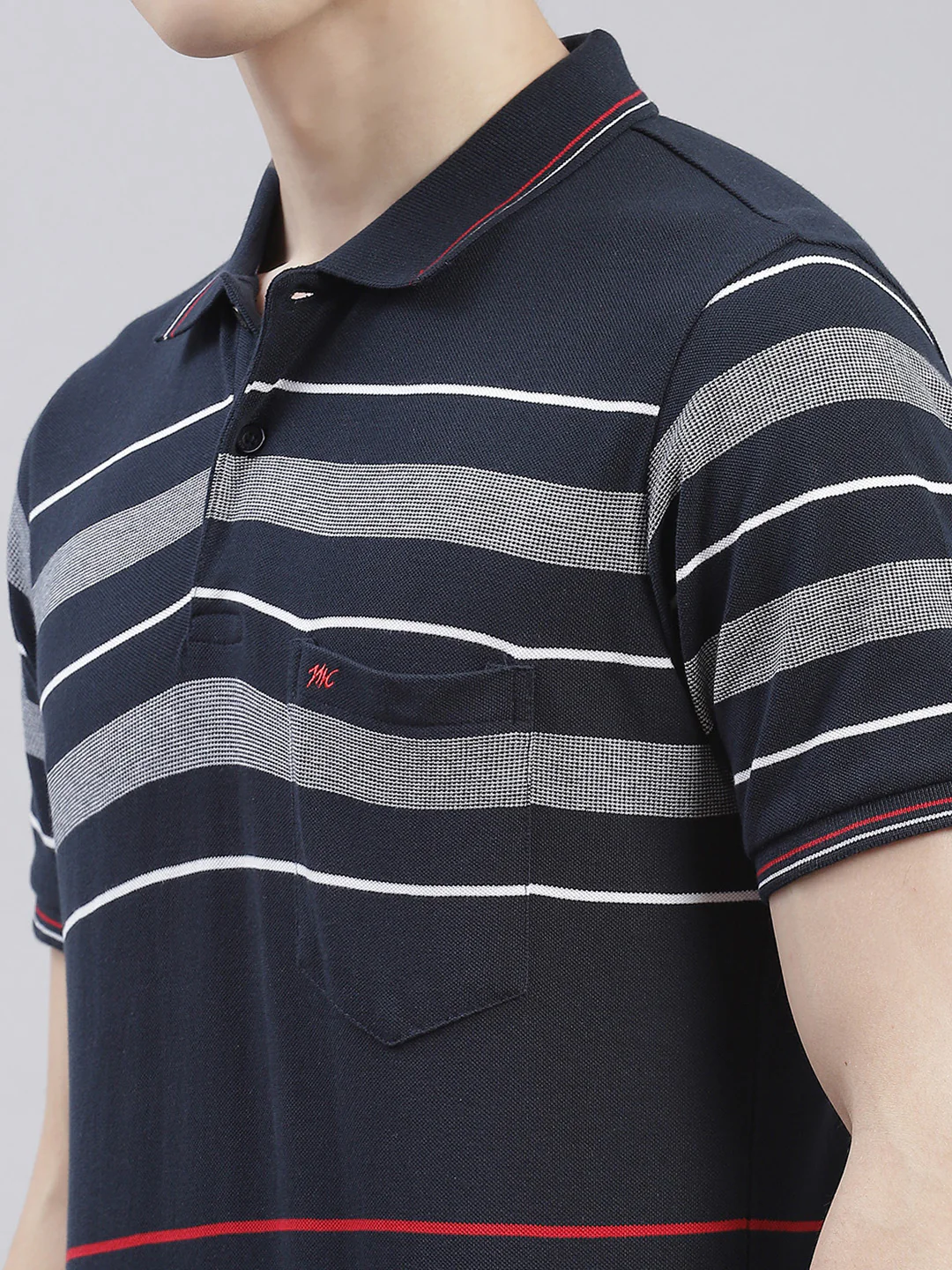 Men Navy Blue Stripe Collar Half Sleeve T-Shirts - Image 6