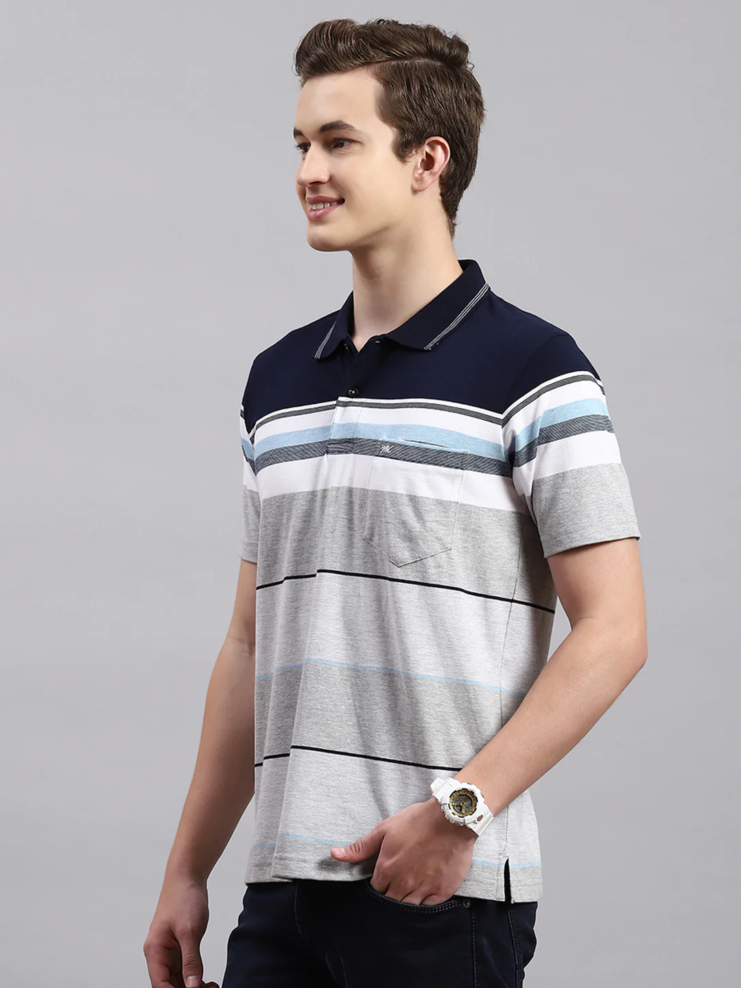 Men Navy Blue Stripe Collar Half Sleeve T-Shirts - Image 3