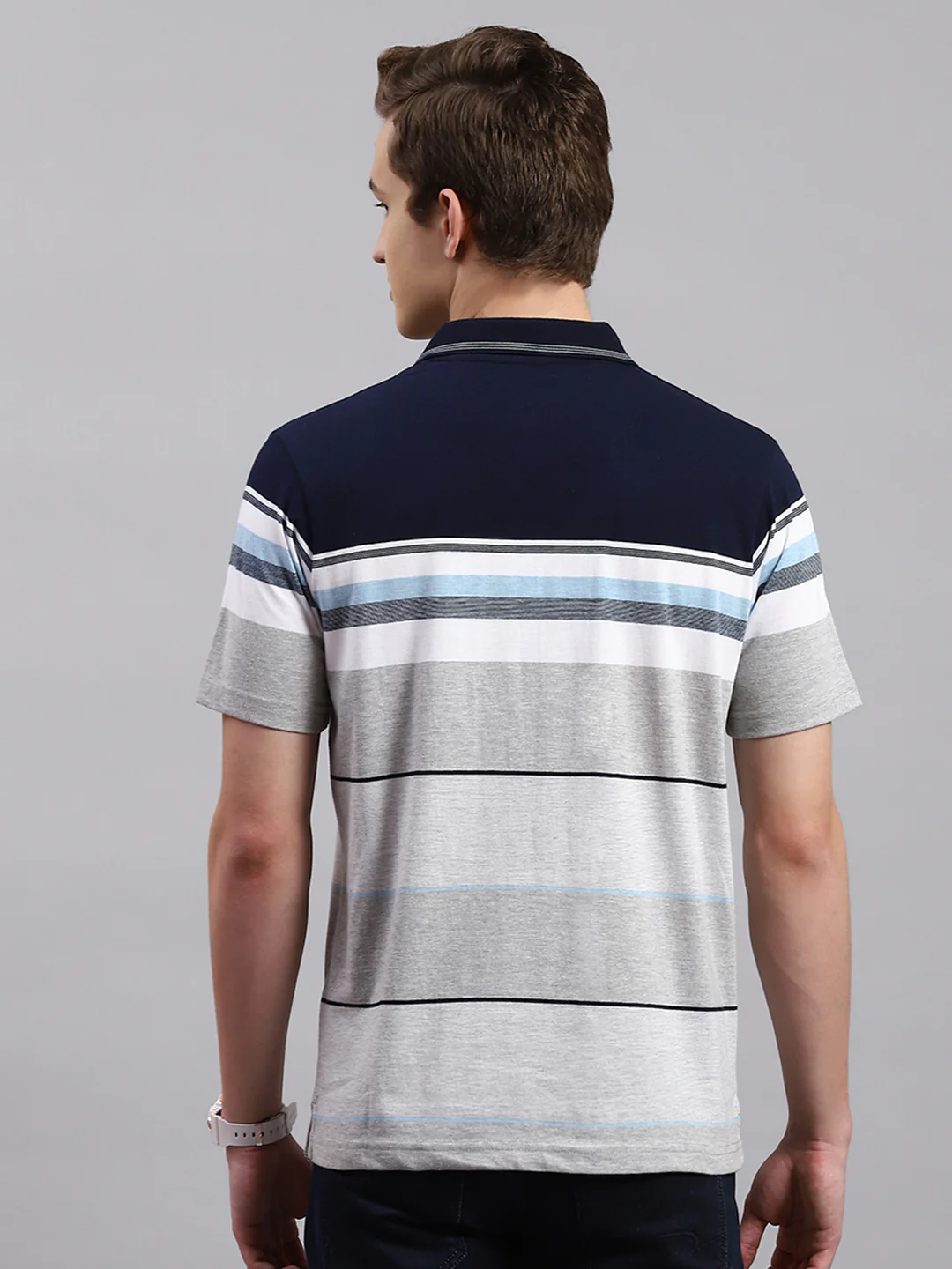 Men Navy Blue Stripe Collar Half Sleeve T-Shirts - Image 5