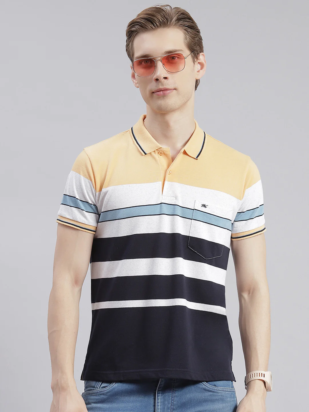 Men Navy Blue Stripe Collar Half Sleeve T-Shirts - Image 2