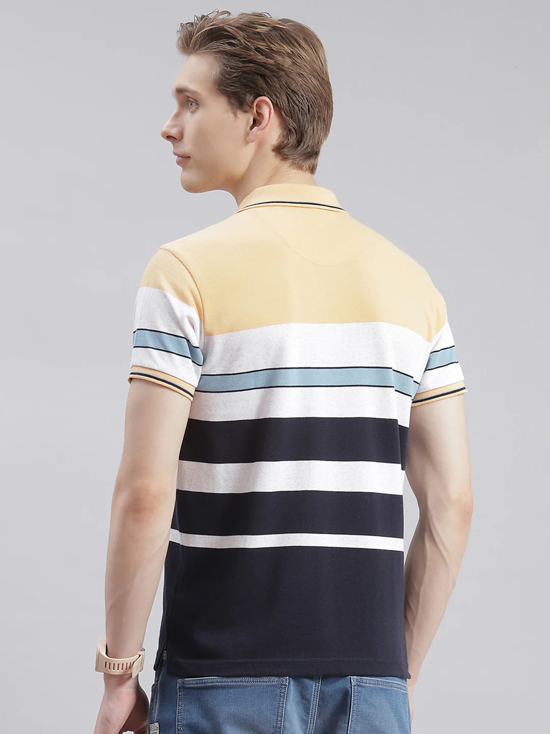 Men Navy Blue Stripe Collar Half Sleeve T-Shirts - Image 5