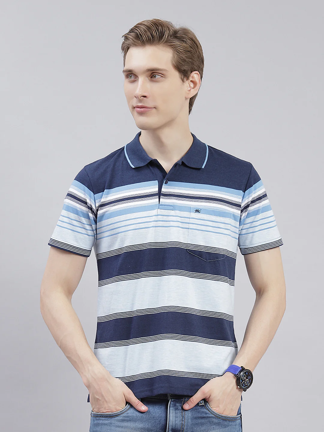 Men Navy Blue Stripe Collar Half Sleeve T-Shirts - Image 2
