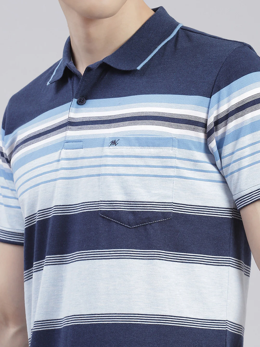 Men Navy Blue Stripe Collar Half Sleeve T-Shirts - Image 6