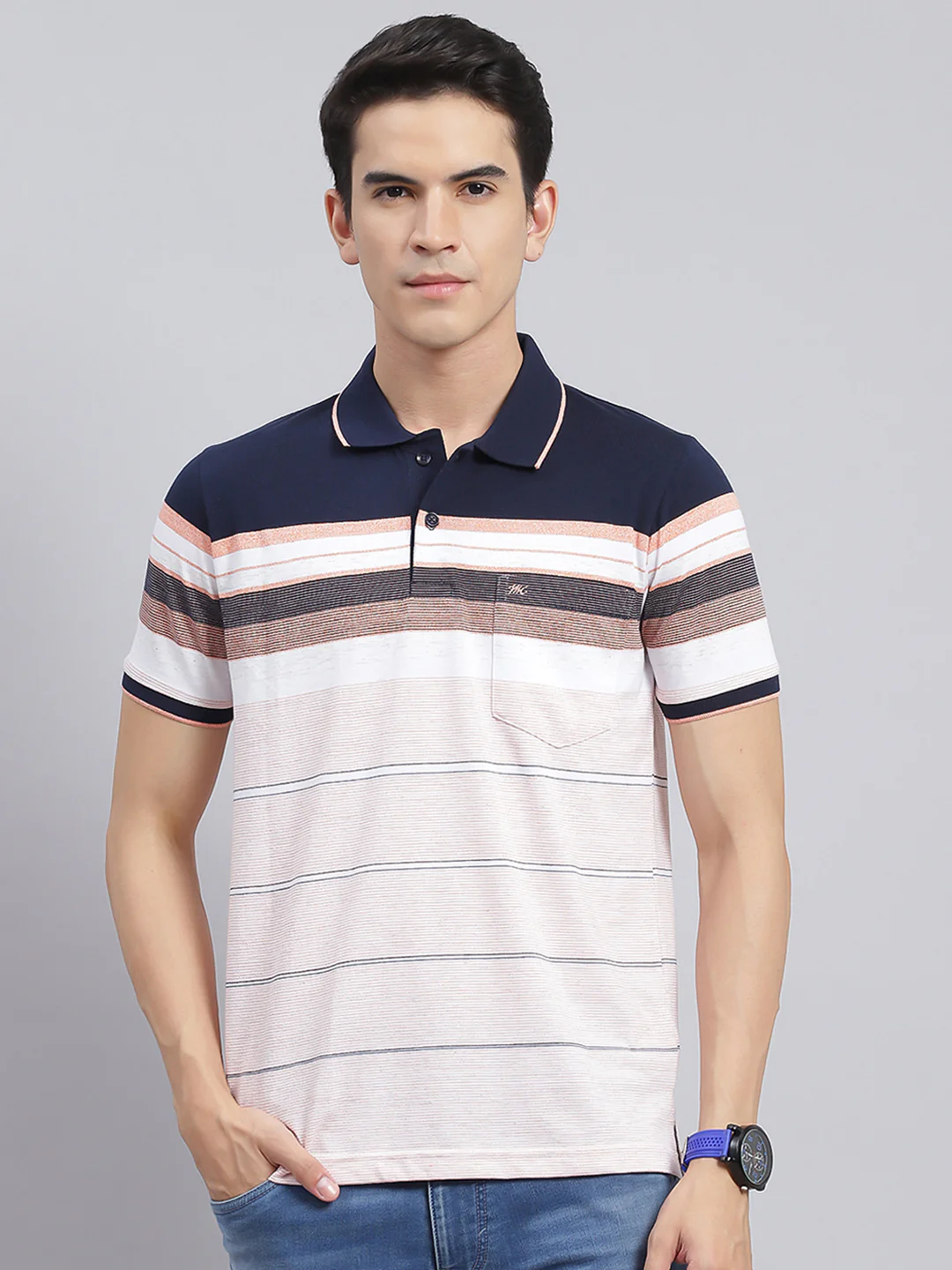 Men Navy Blue Stripe Cotton Blend T-Shirt - Image 2
