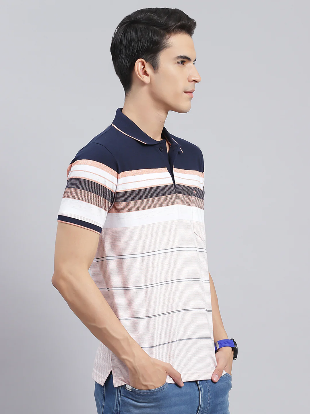 Men Navy Blue Stripe Cotton Blend T-Shirt - Image 3