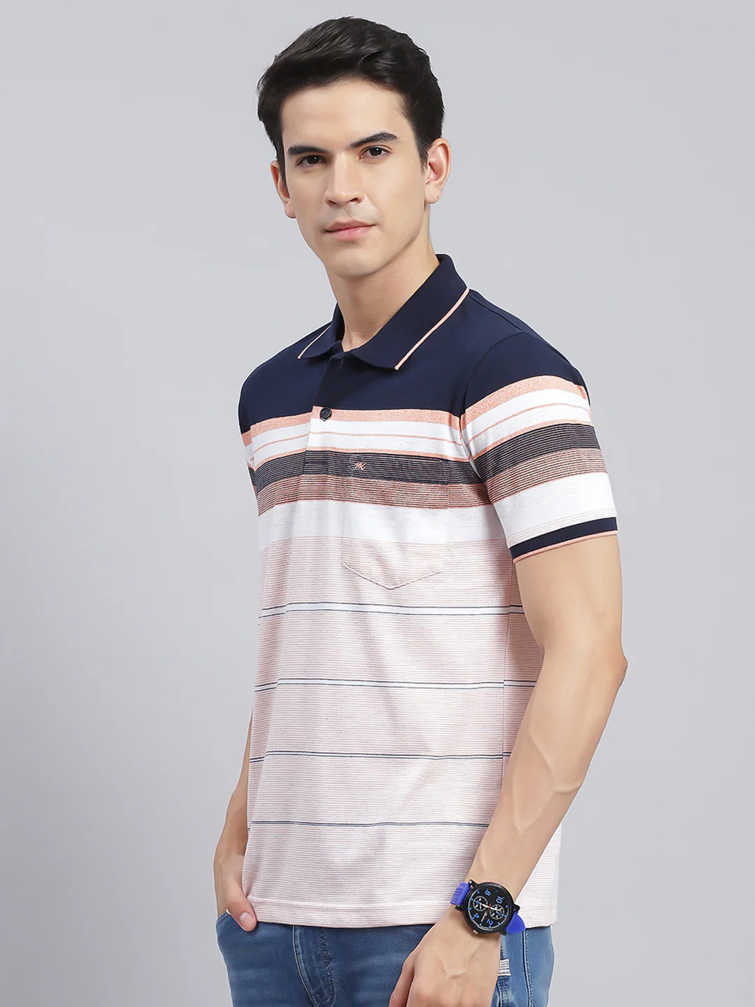Men Navy Blue Stripe Cotton Blend T-Shirt - Image 4