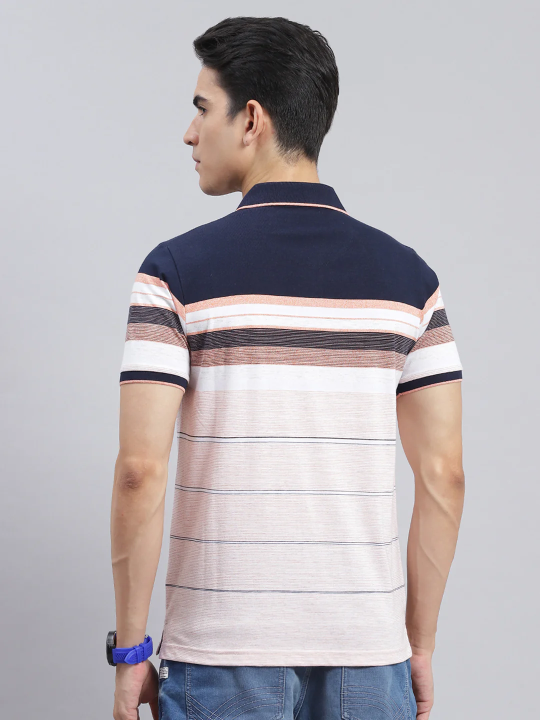 Men Navy Blue Stripe Cotton Blend T-Shirt - Image 5