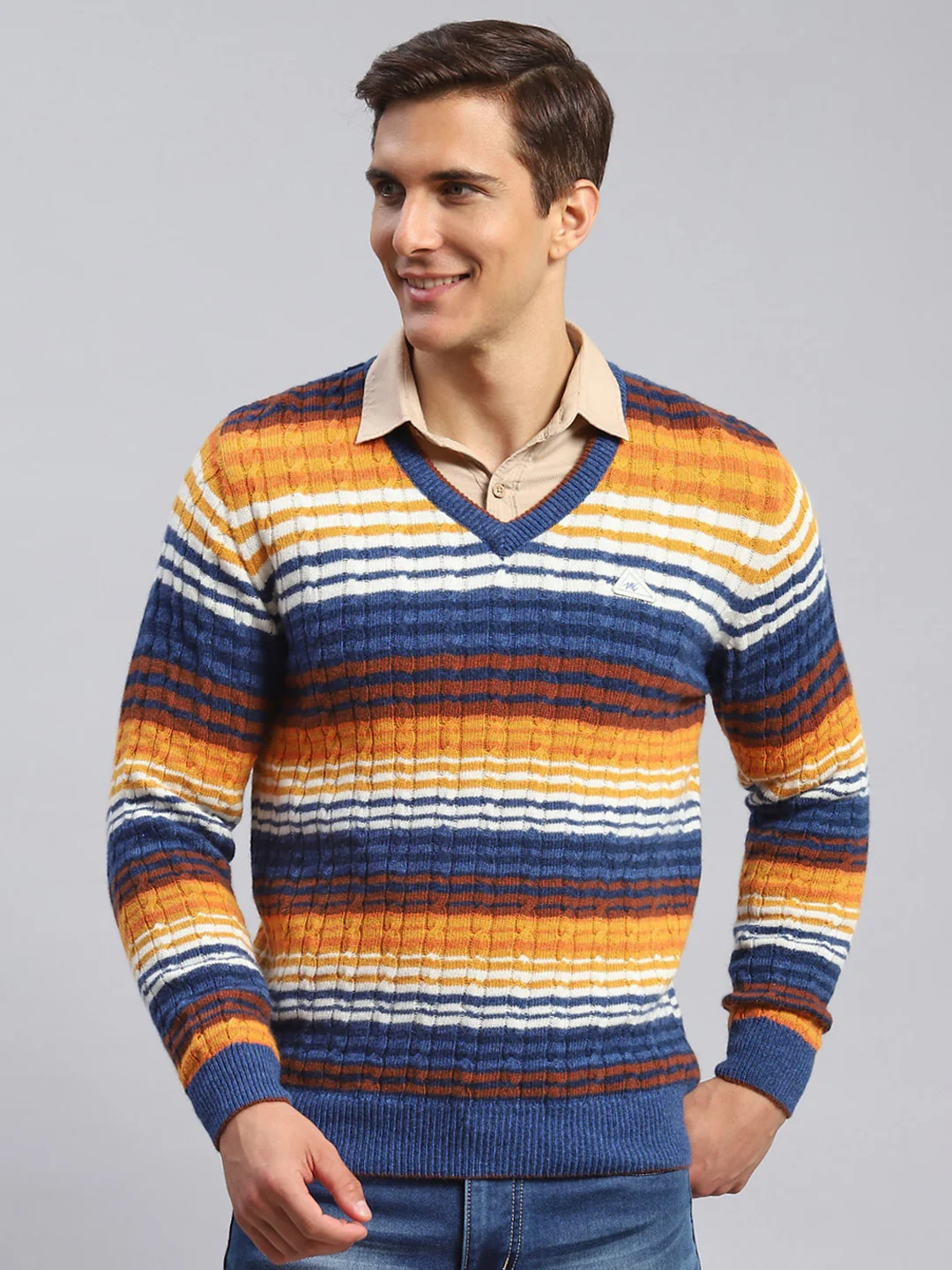 Men Navy Blue Stripe Lamb wool Pullover - Image 2