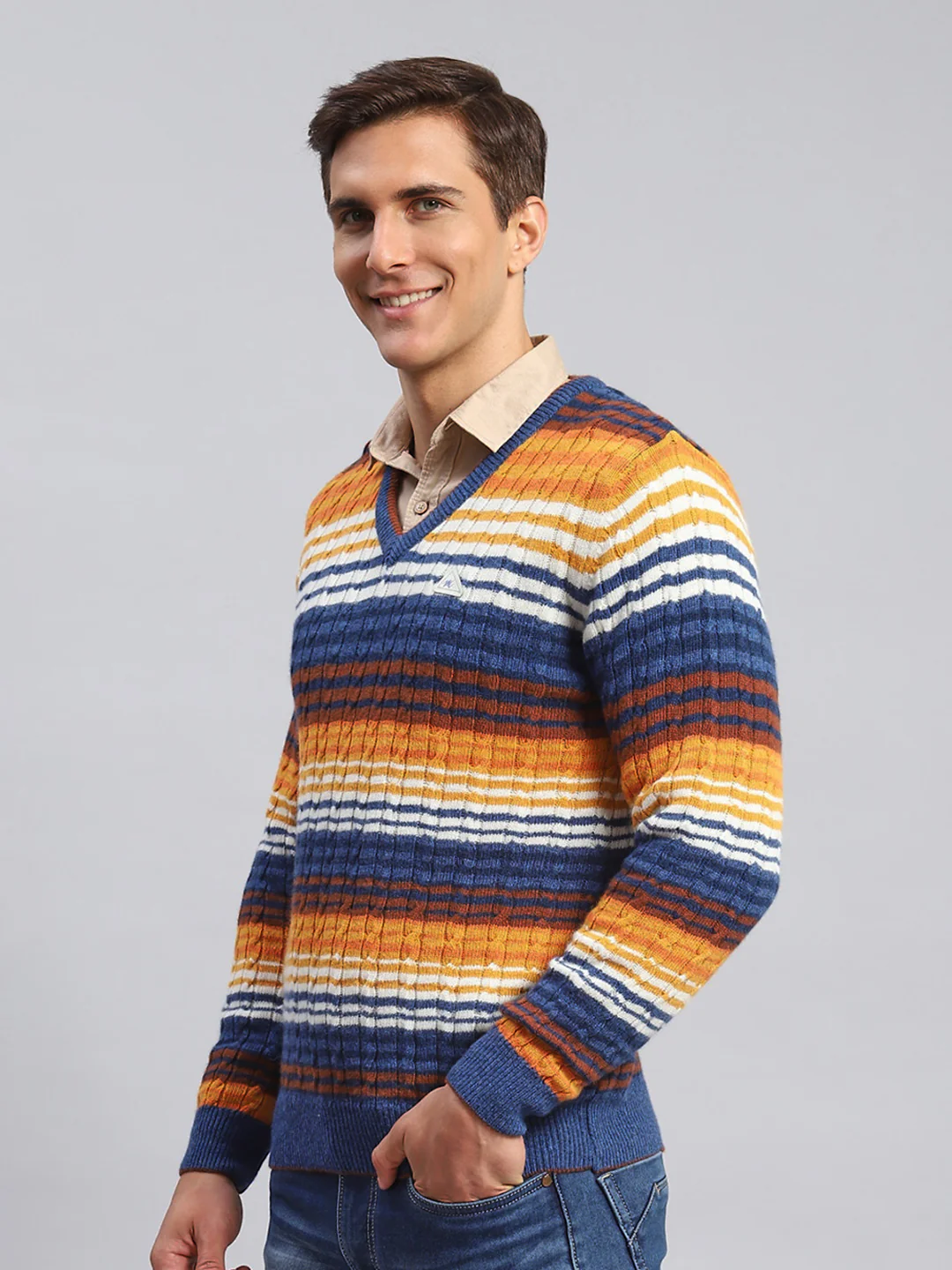 Men Navy Blue Stripe Lamb wool Pullover - Image 4