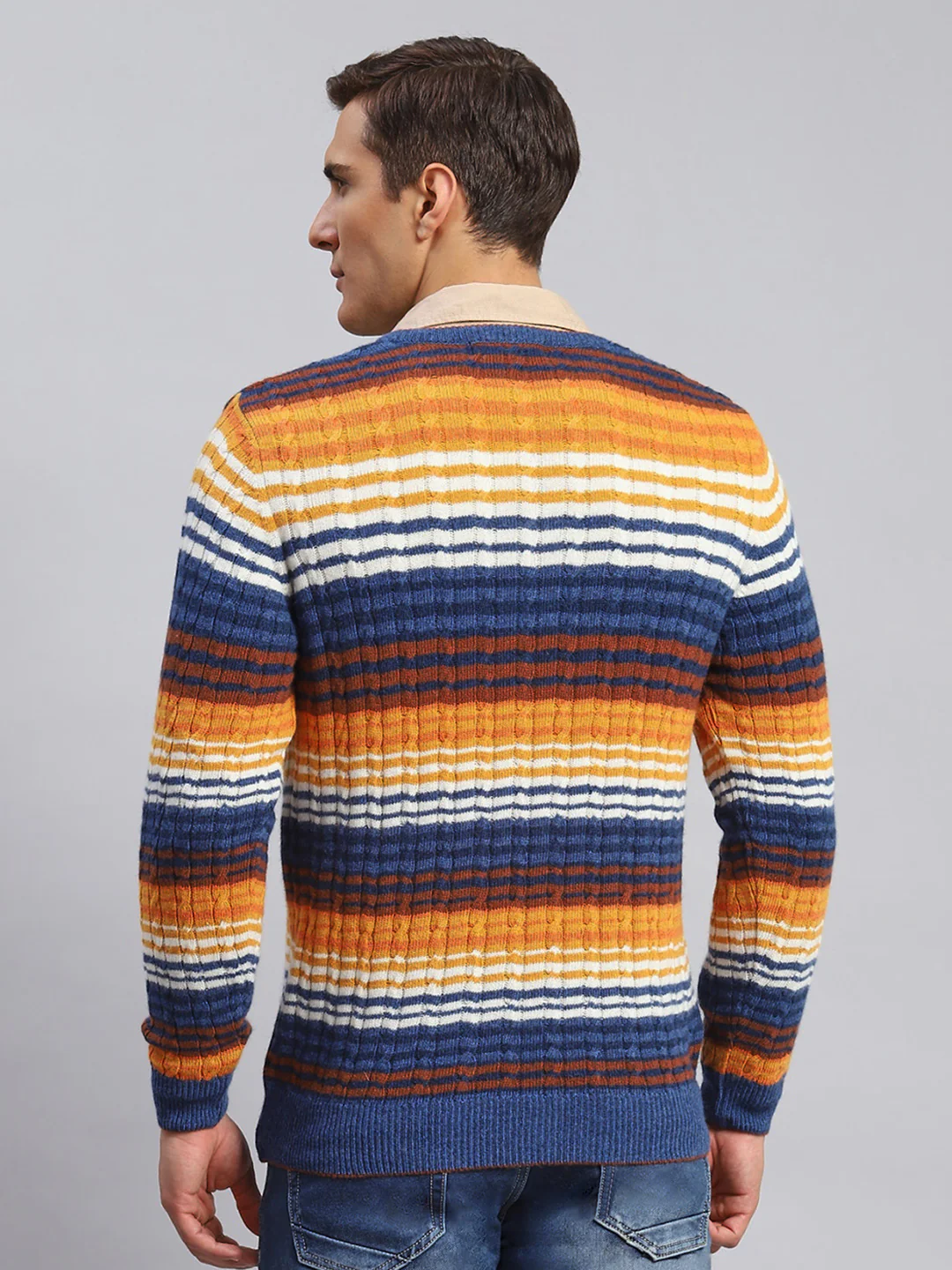 Men Navy Blue Stripe Lamb wool Pullover - Image 5
