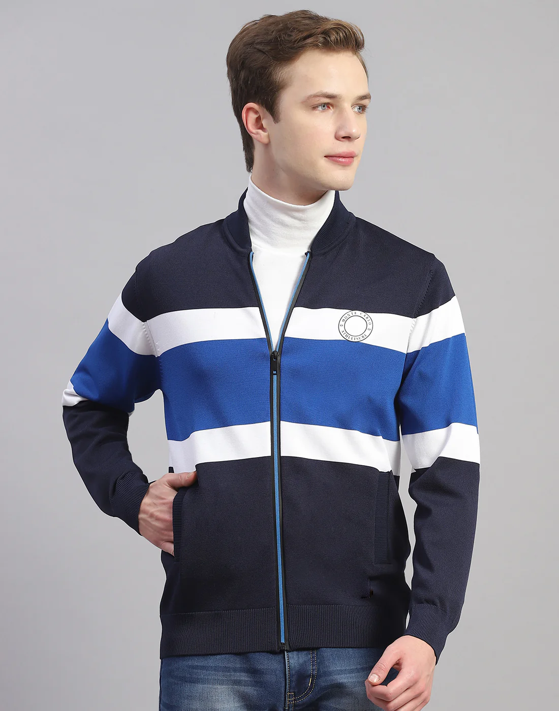 Men Navy Blue Stripe Mandarin Collar Full Sleeve Pullover - Image 3