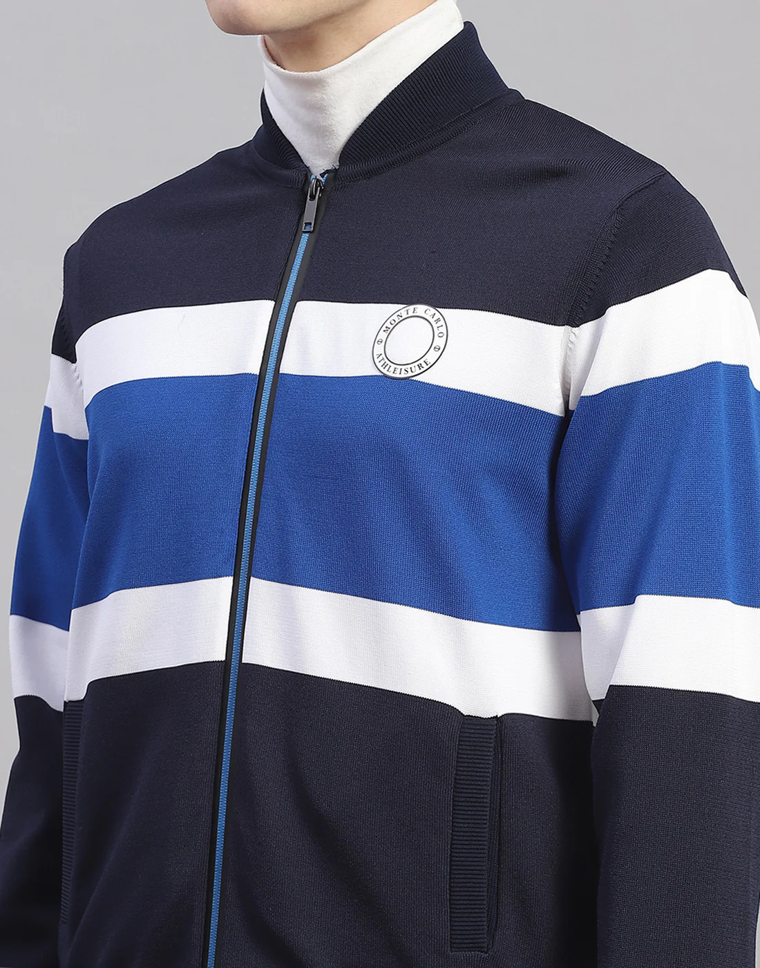 Men Navy Blue Stripe Mandarin Collar Full Sleeve Pullover - Image 7