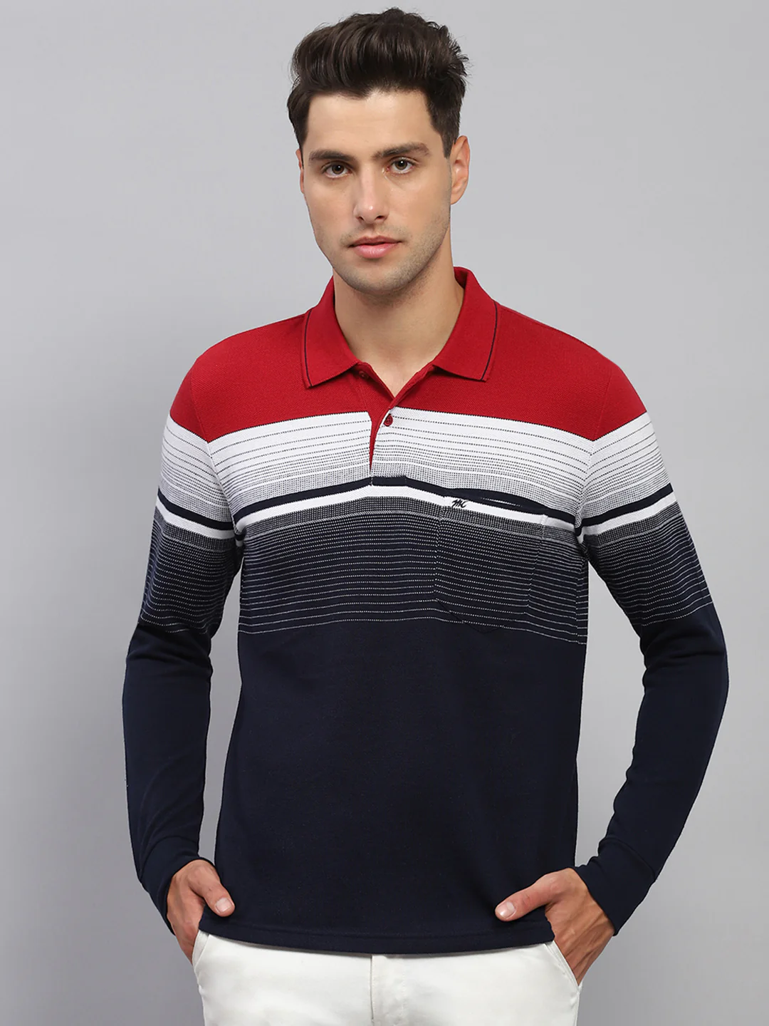Men Navy Blue Stripe Polo Collar Full Sleeve T-Shirt - Image 2
