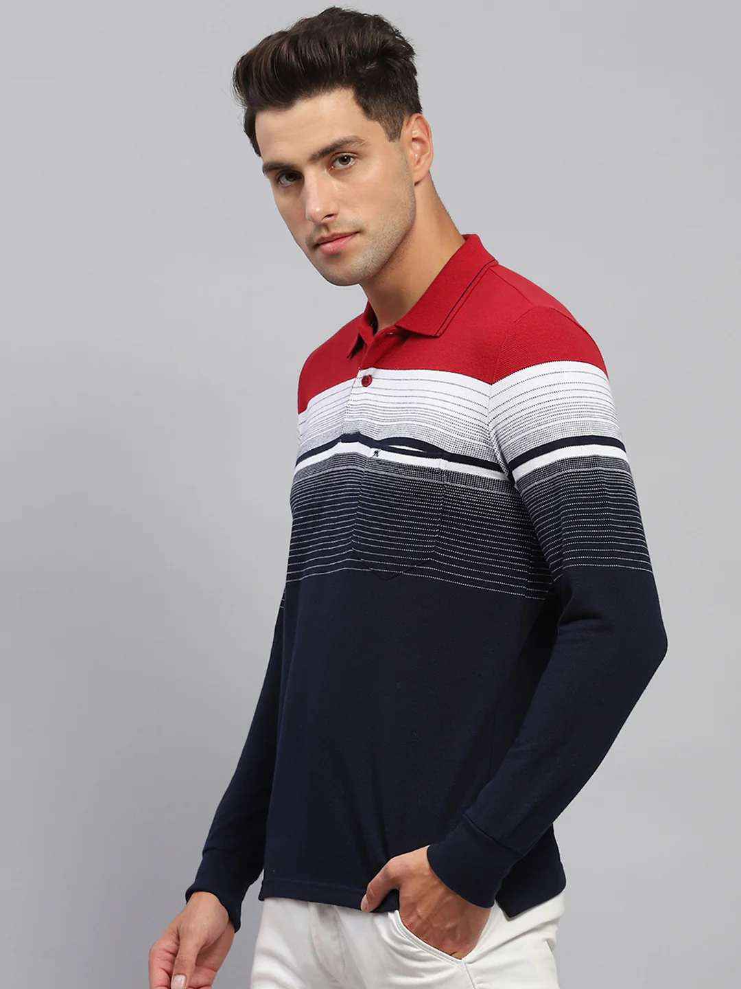 Men Navy Blue Stripe Polo Collar Full Sleeve T-Shirt - Image 3