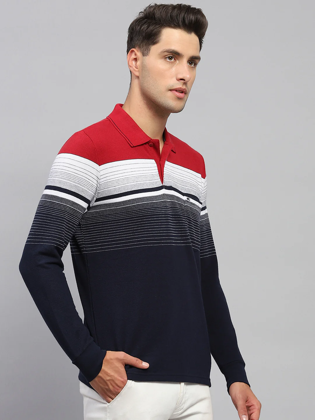 Men Navy Blue Stripe Polo Collar Full Sleeve T-Shirt - Image 4