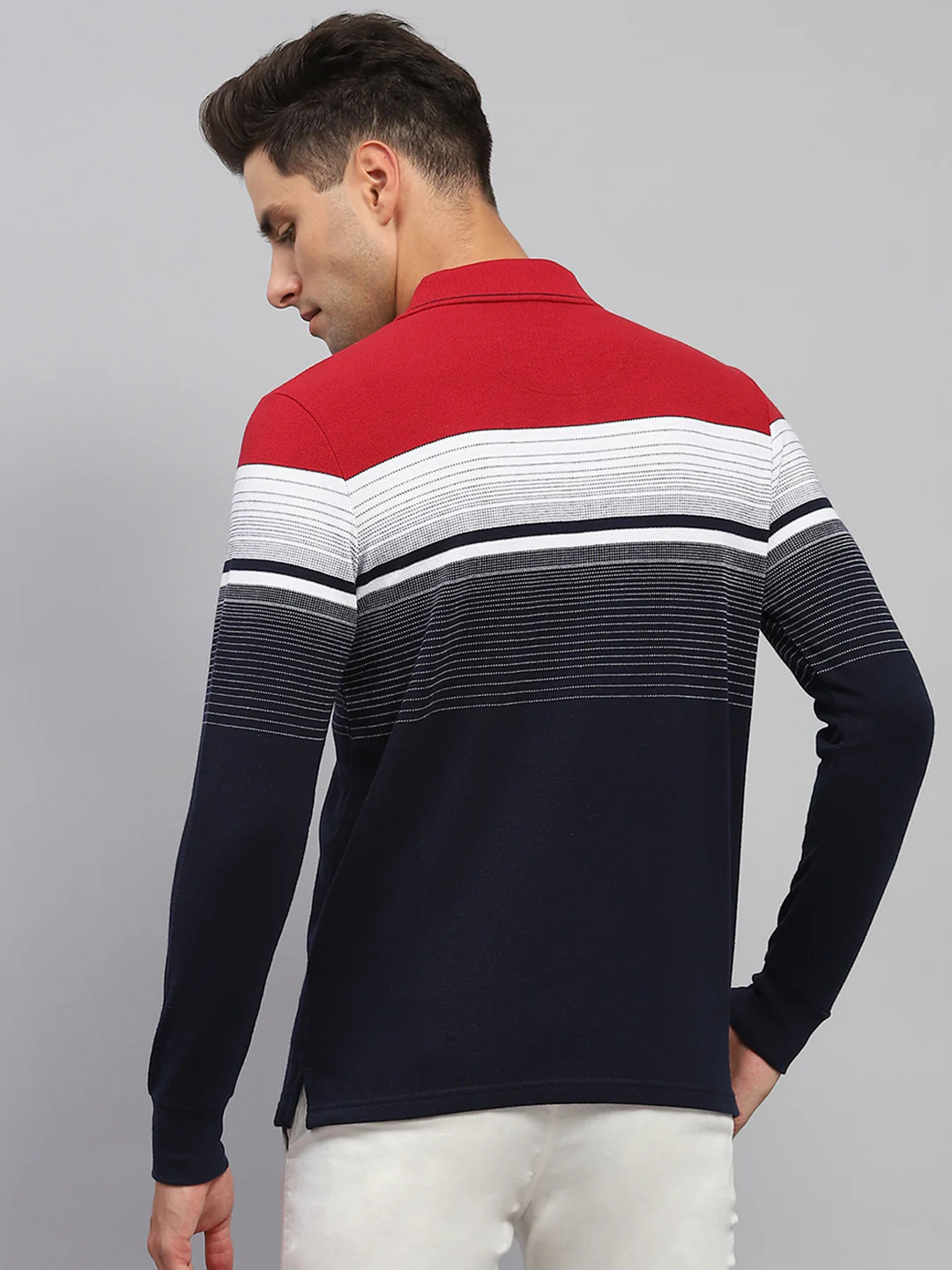 Men Navy Blue Stripe Polo Collar Full Sleeve T-Shirt - Image 5