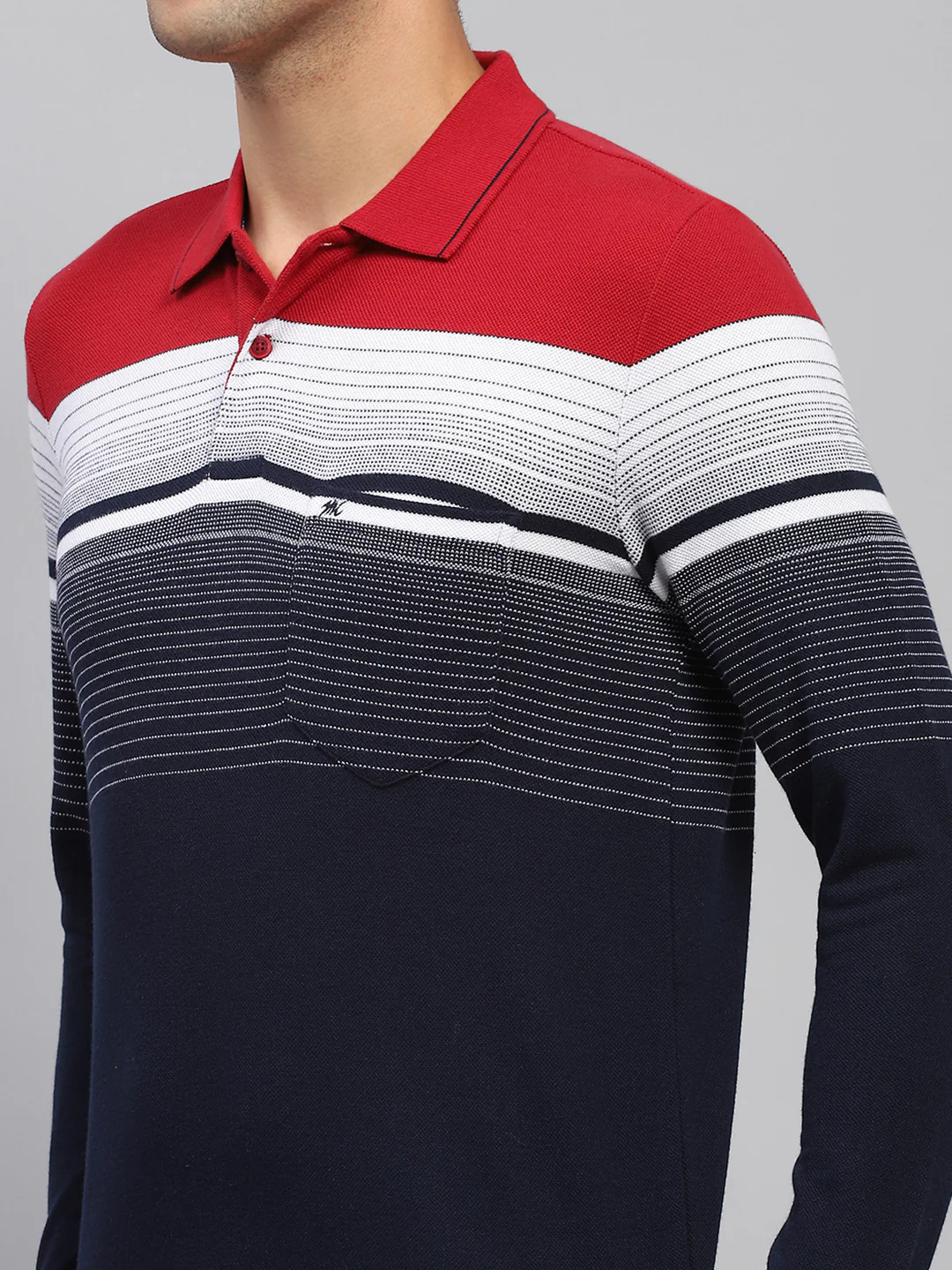 Men Navy Blue Stripe Polo Collar Full Sleeve T-Shirt - Image 6