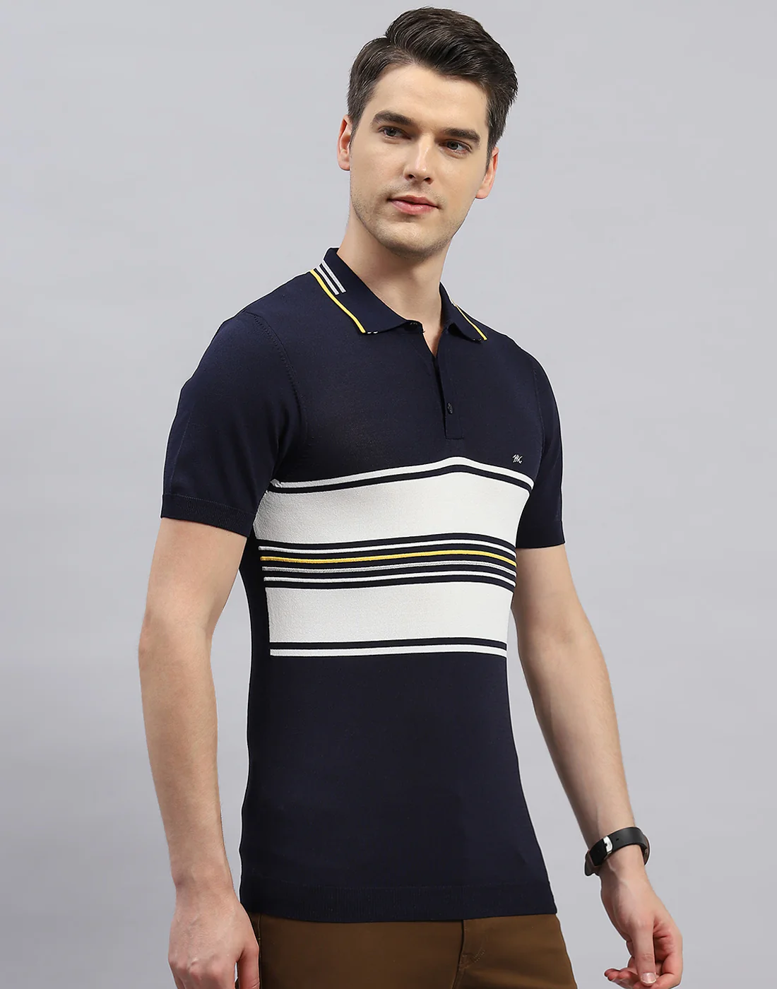 Men Navy Blue Stripe Polo Collar Half Sleeve T-Shirt - Image 4
