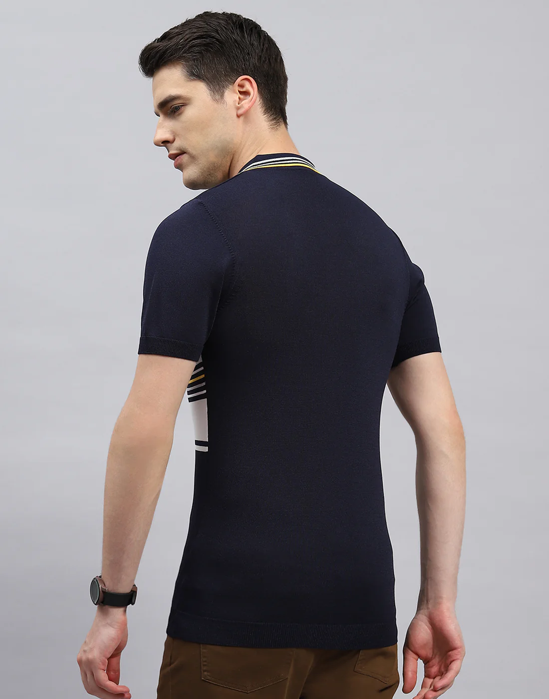 Men Navy Blue Stripe Polo Collar Half Sleeve T-Shirt - Image 5