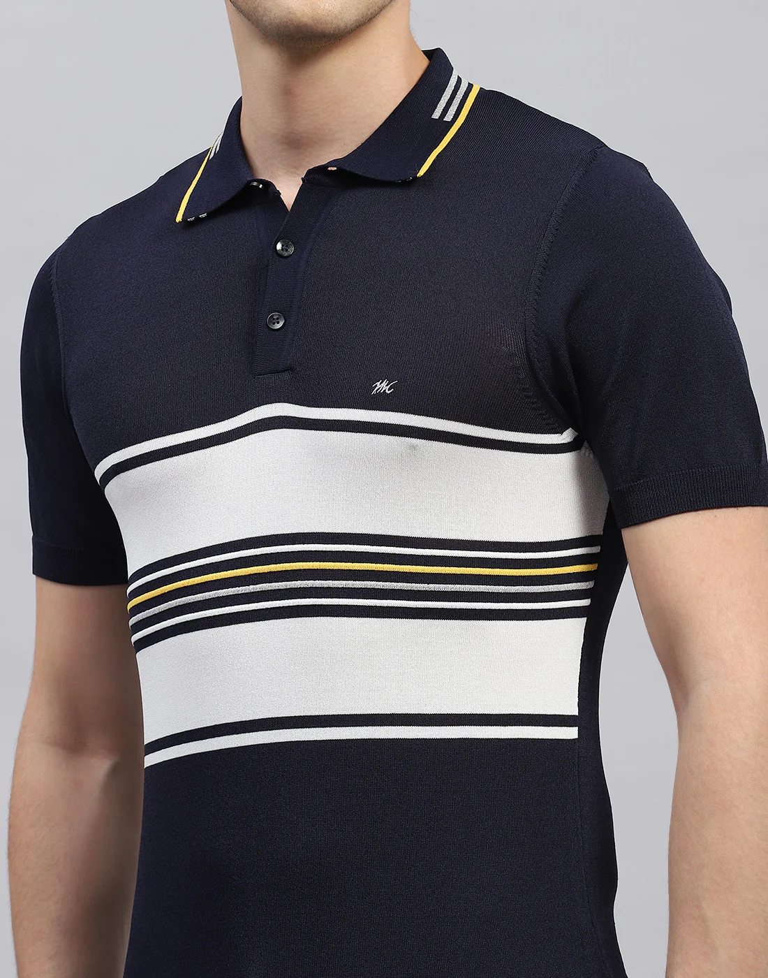 Men Navy Blue Stripe Polo Collar Half Sleeve T-Shirt - Image 6