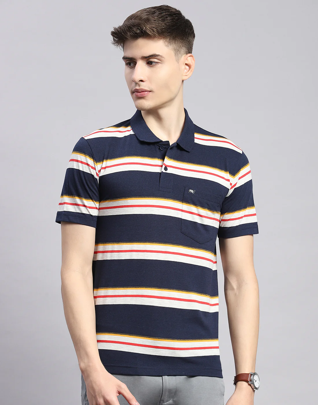 Men Navy Blue Stripe Polo Collar Half Sleeve T-Shirt - Image 3