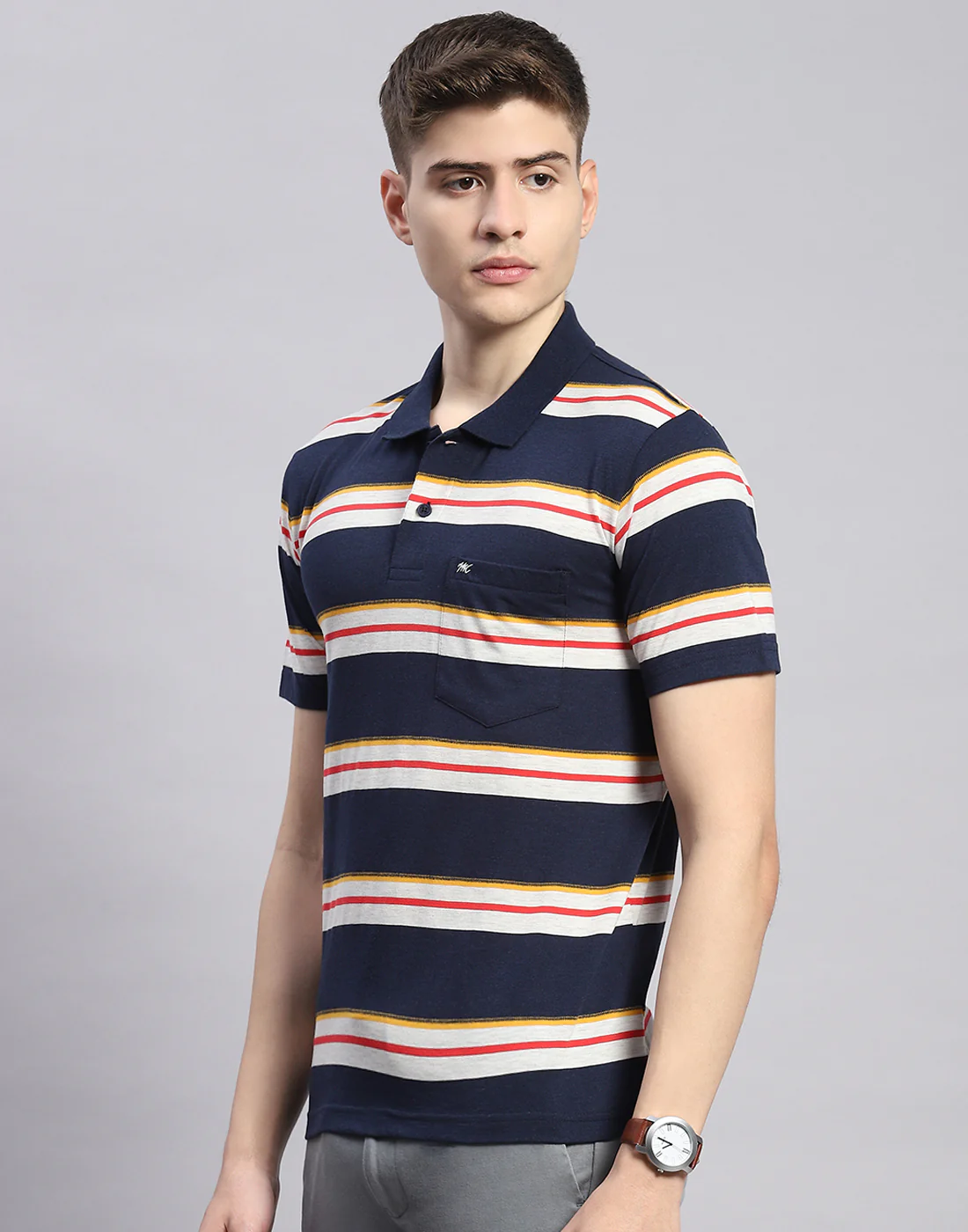 Men Navy Blue Stripe Polo Collar Half Sleeve T-Shirt - Image 4