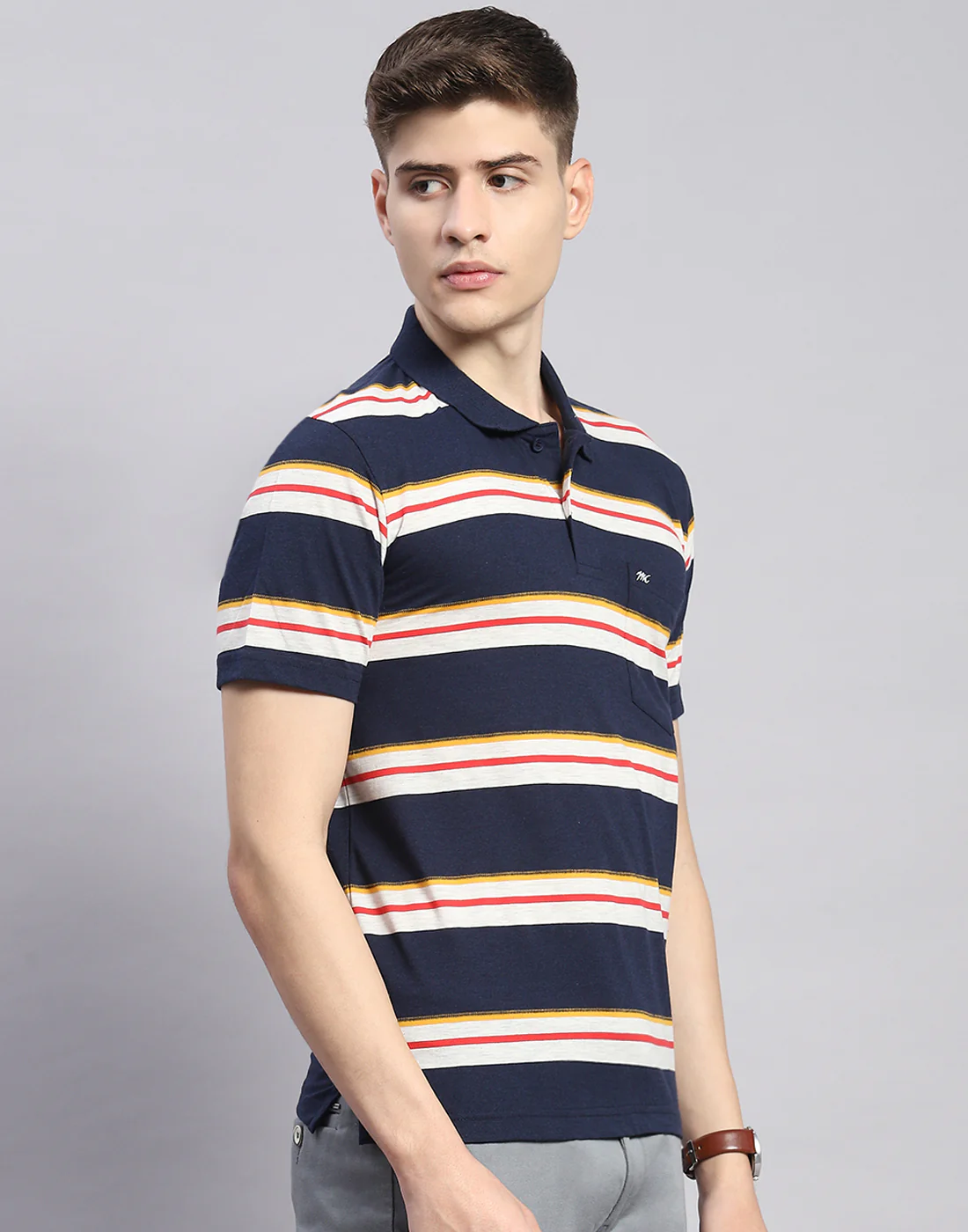 Men Navy Blue Stripe Polo Collar Half Sleeve T-Shirt - Image 5