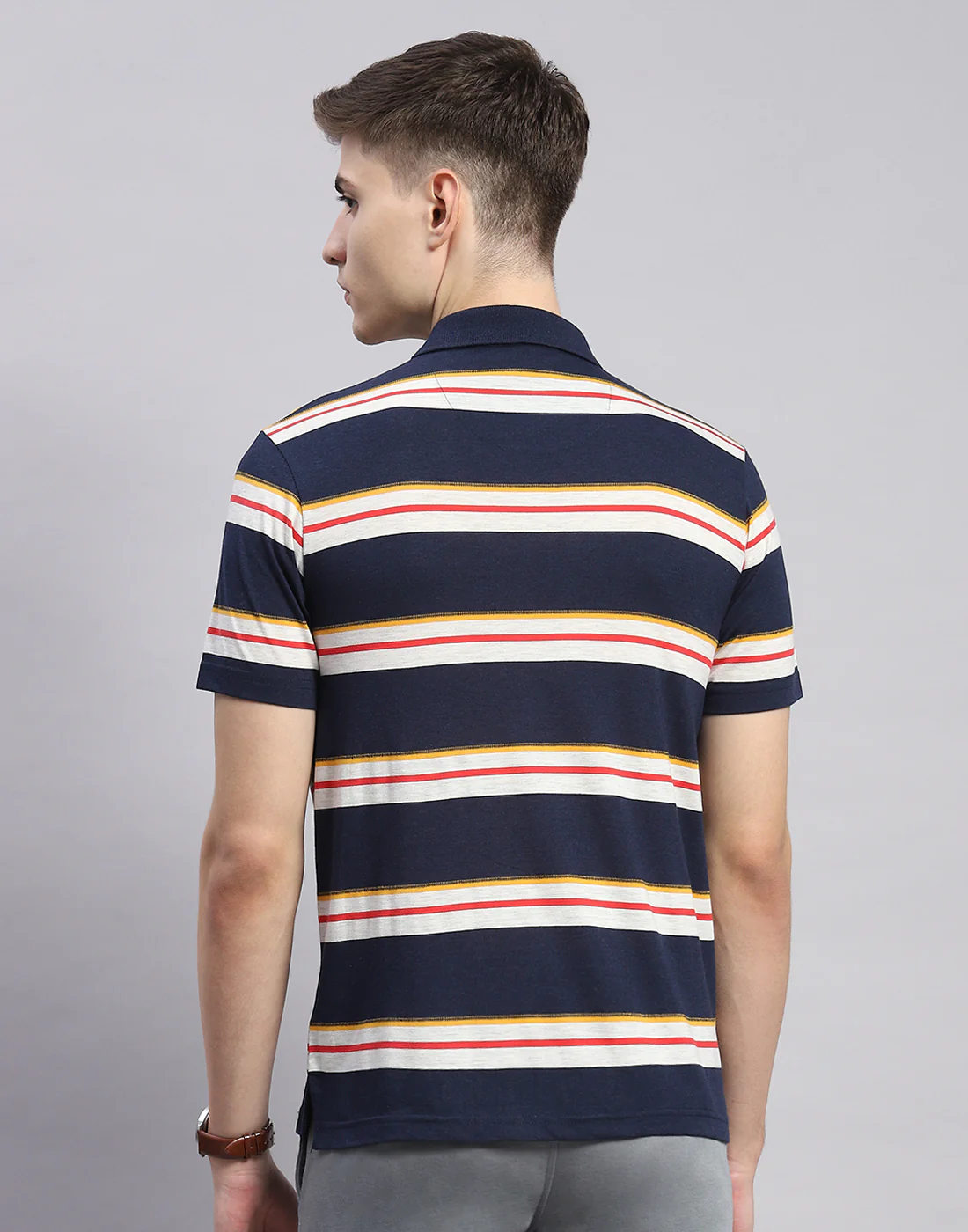 Men Navy Blue Stripe Polo Collar Half Sleeve T-Shirt - Image 6