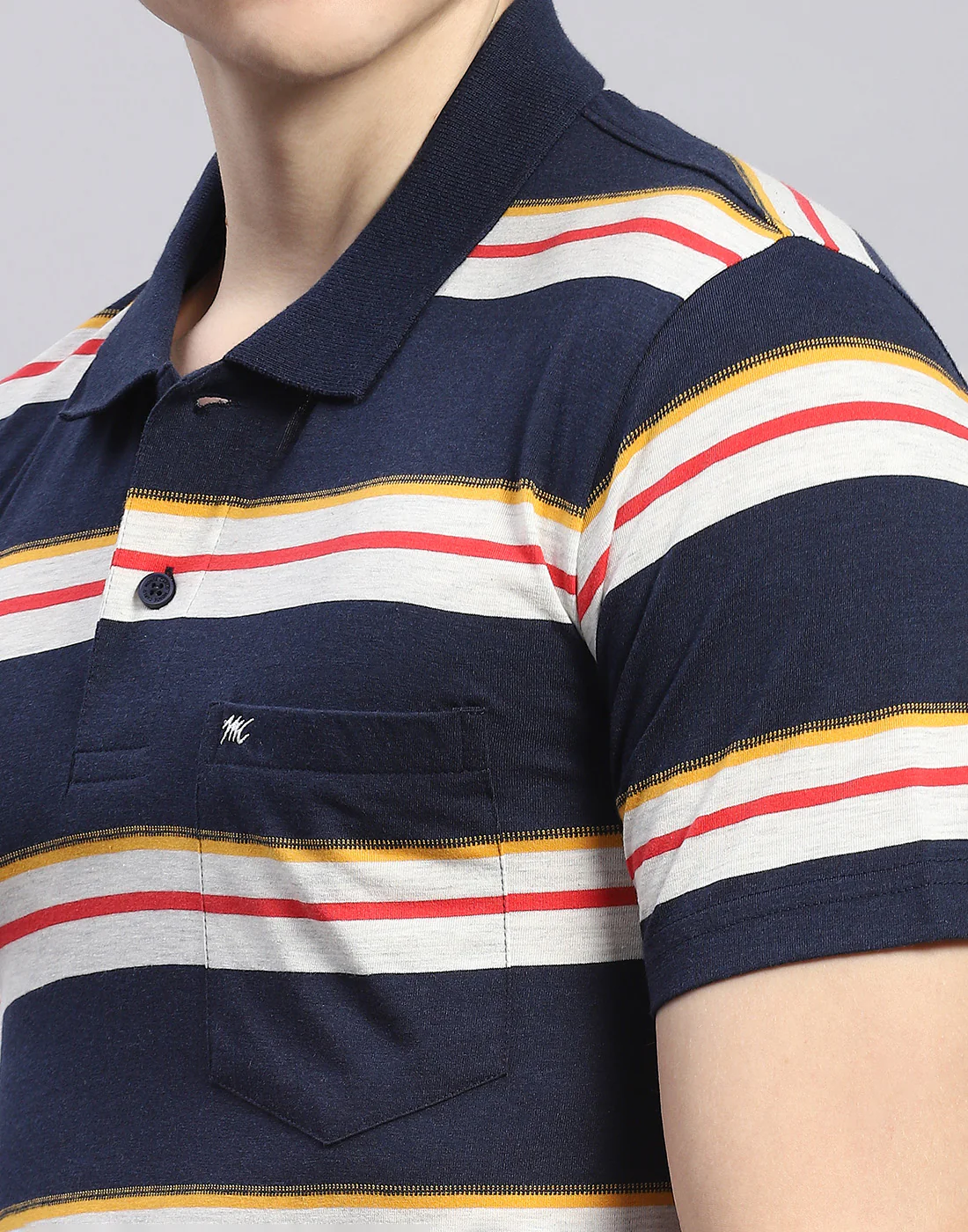 Men Navy Blue Stripe Polo Collar Half Sleeve T-Shirt - Image 7