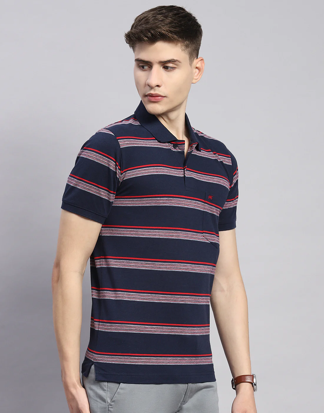 Men Navy Blue Stripe Polo Collar Half Sleeve T-Shirt - Image 4