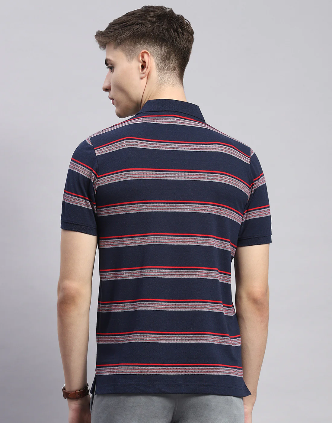 Men Navy Blue Stripe Polo Collar Half Sleeve T-Shirt - Image 5