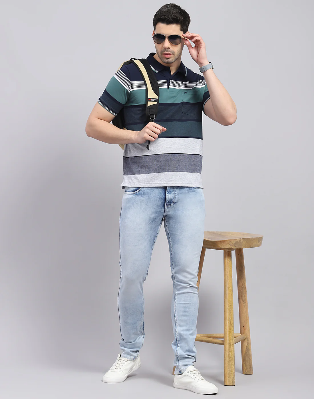 Men Navy Blue Stripe Polo Collar Half Sleeve T-Shirt - Image 2