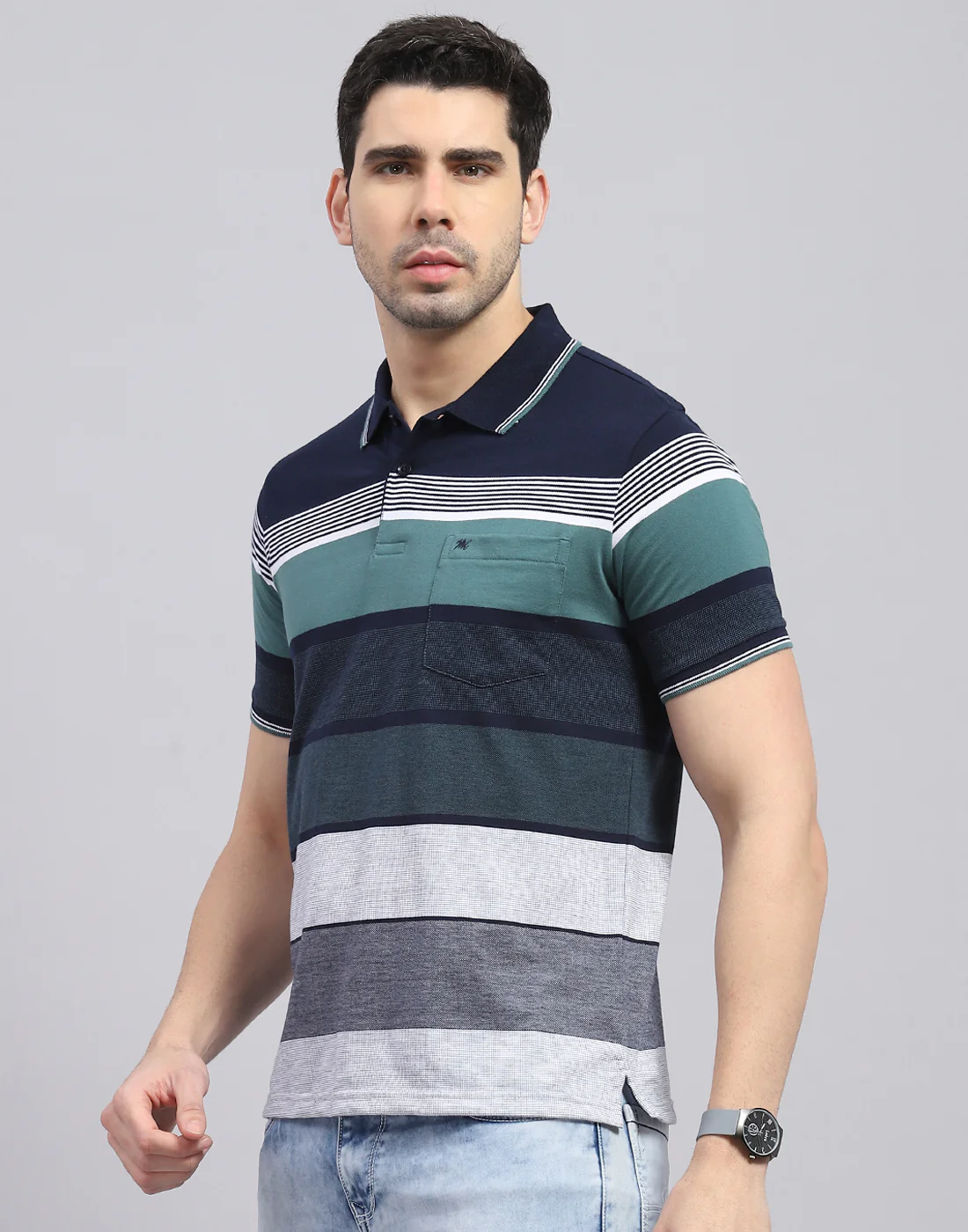 Men Navy Blue Stripe Polo Collar Half Sleeve T-Shirt - Image 3