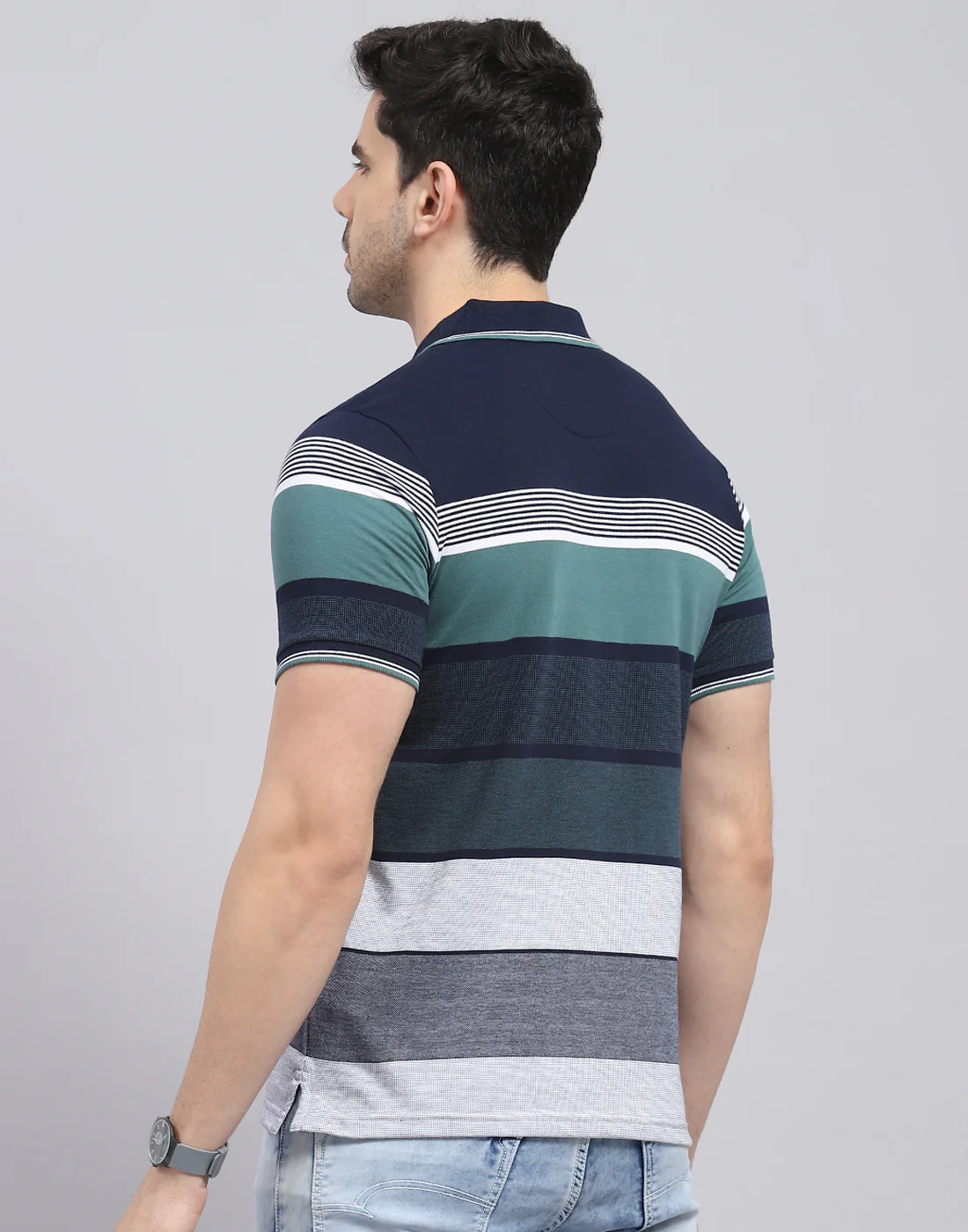 Men Navy Blue Stripe Polo Collar Half Sleeve T-Shirt - Image 5