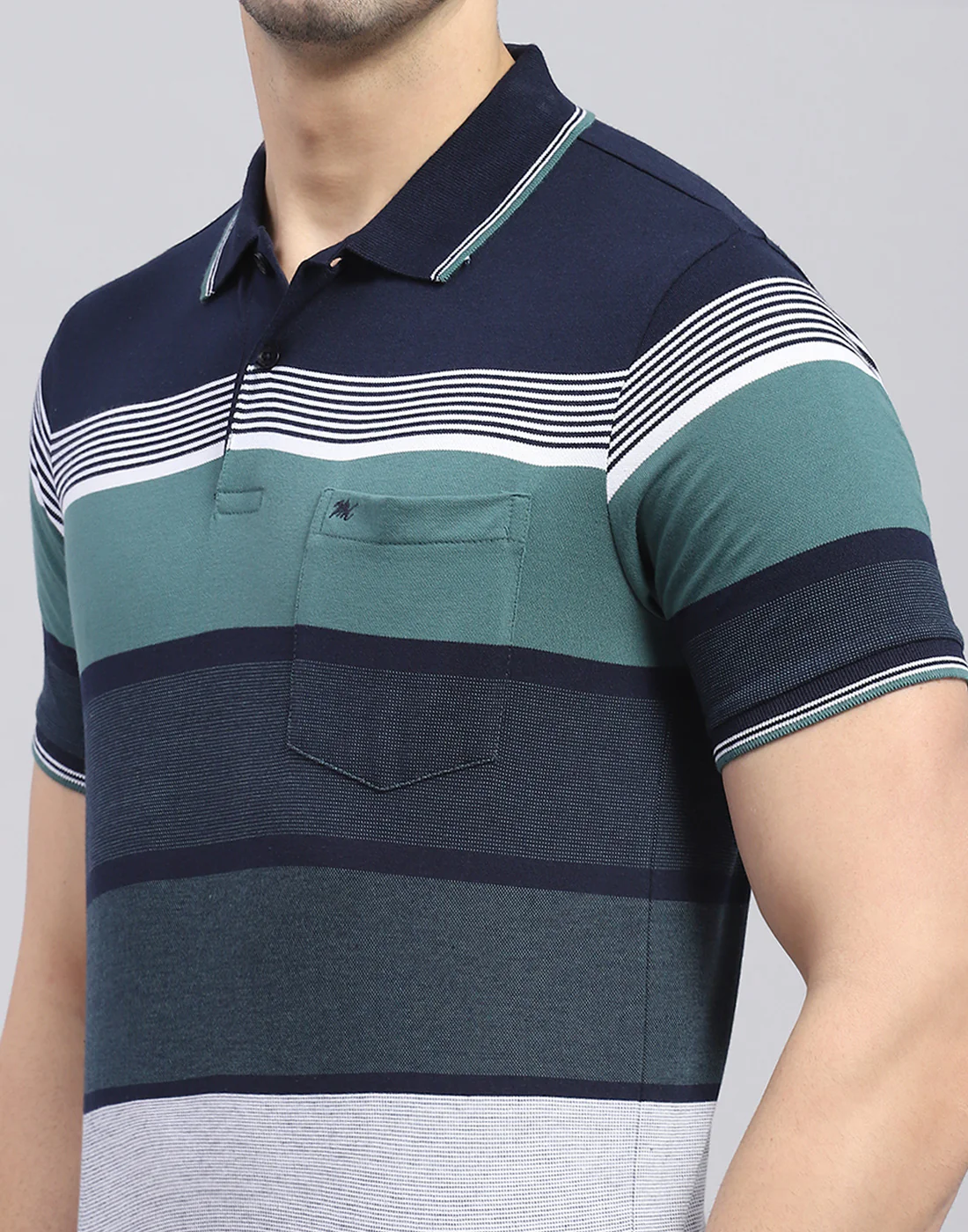 Men Navy Blue Stripe Polo Collar Half Sleeve T-Shirt - Image 6
