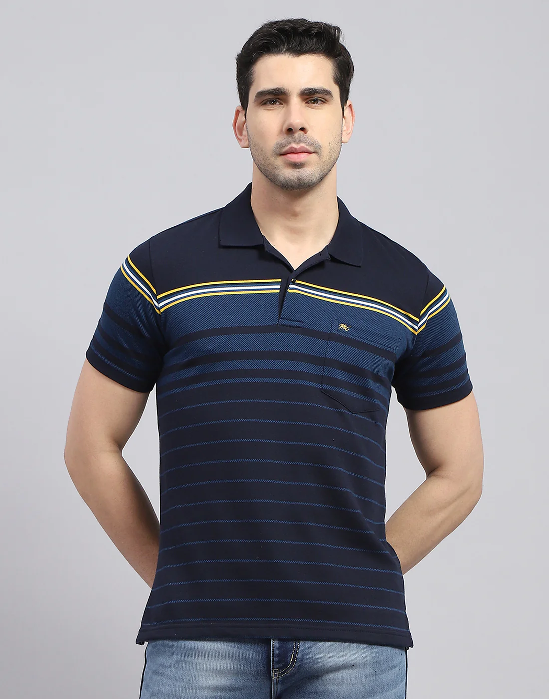 Men Navy Blue Stripe Polo Collar Half Sleeve T-Shirt