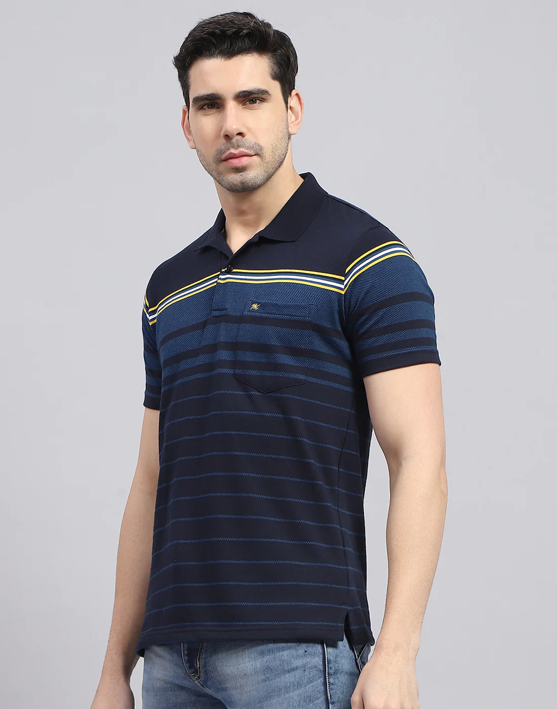 Men Navy Blue Stripe Polo Collar Half Sleeve T-Shirt - Image 3