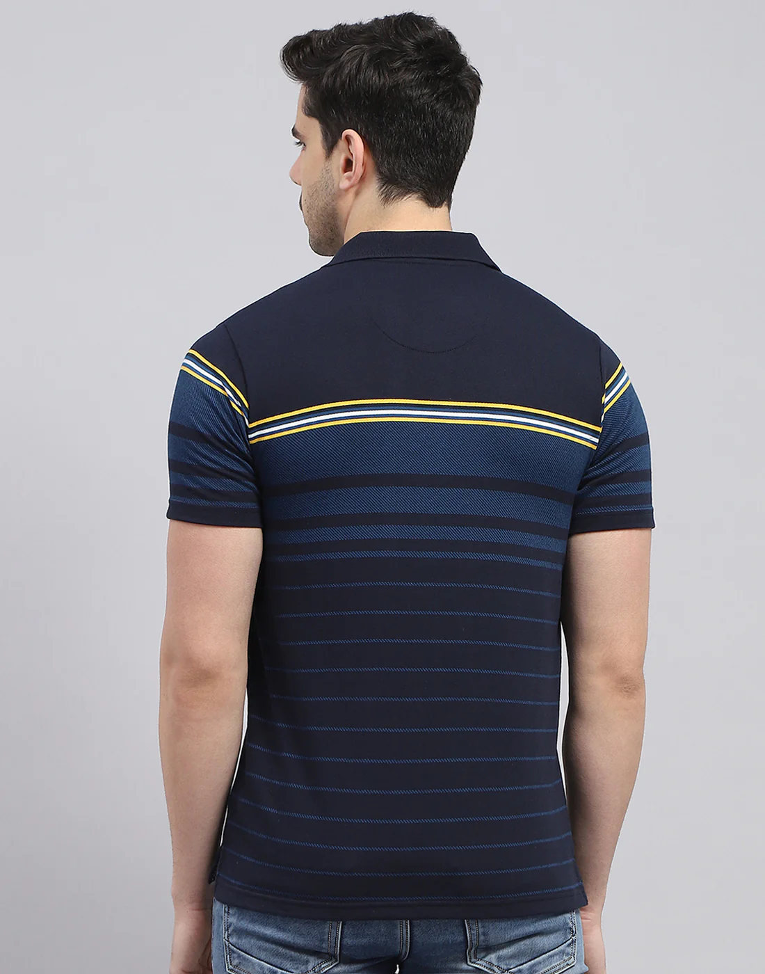 Men Navy Blue Stripe Polo Collar Half Sleeve T-Shirt - Image 5